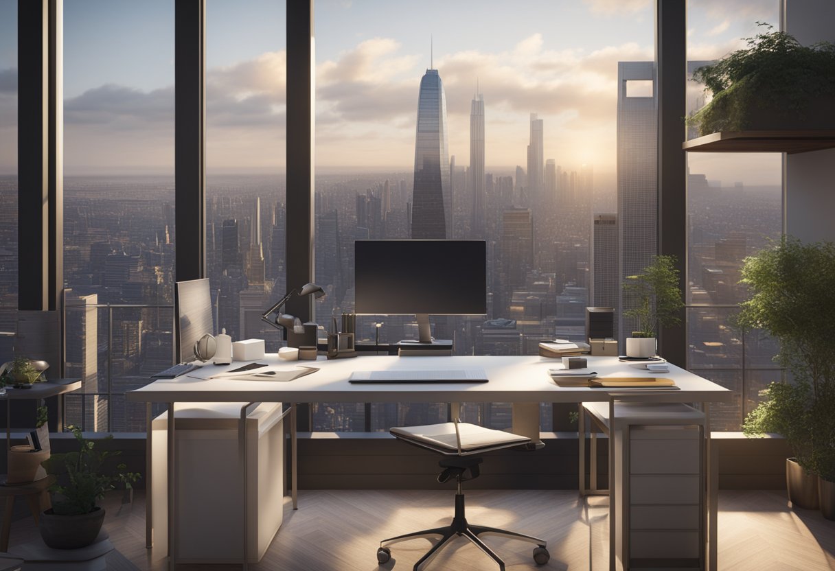 An architect's desk with computer, drafting tools, and architectural plans, overlooking a modern city skyline