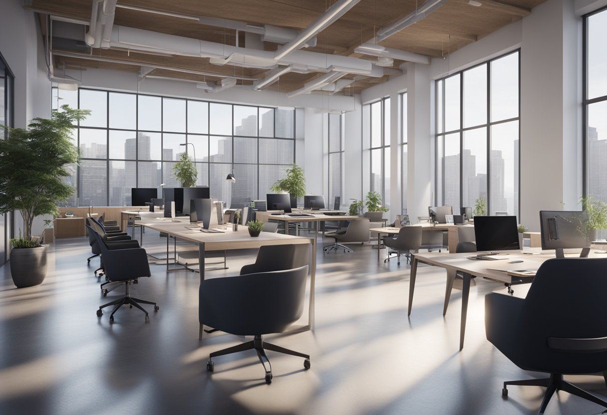 A modern architectural firm office with sleek design, large windows, and a spacious open floor plan. Blueprints and models are scattered on desks, and a team of designers collaborate in the background