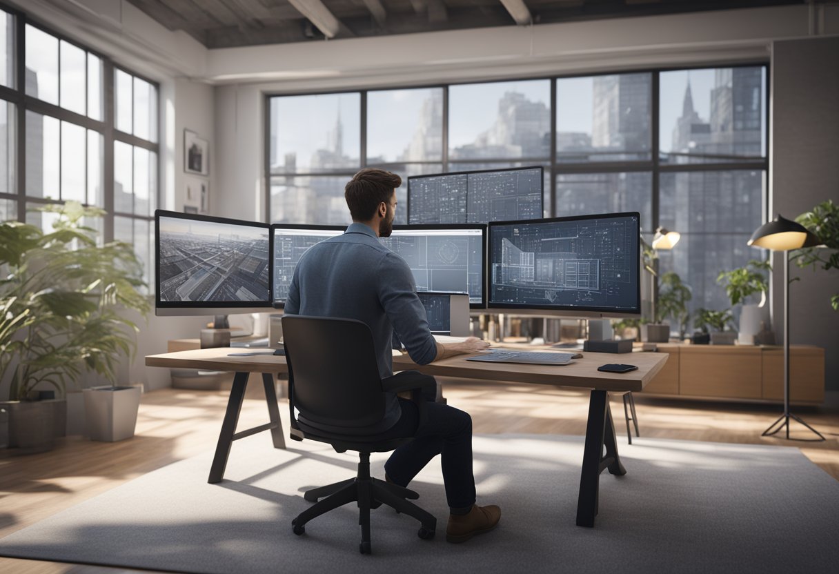 An architect working on a computer, surrounded by architectural drawings and blueprints, with advanced technological tools and software displayed on the screen