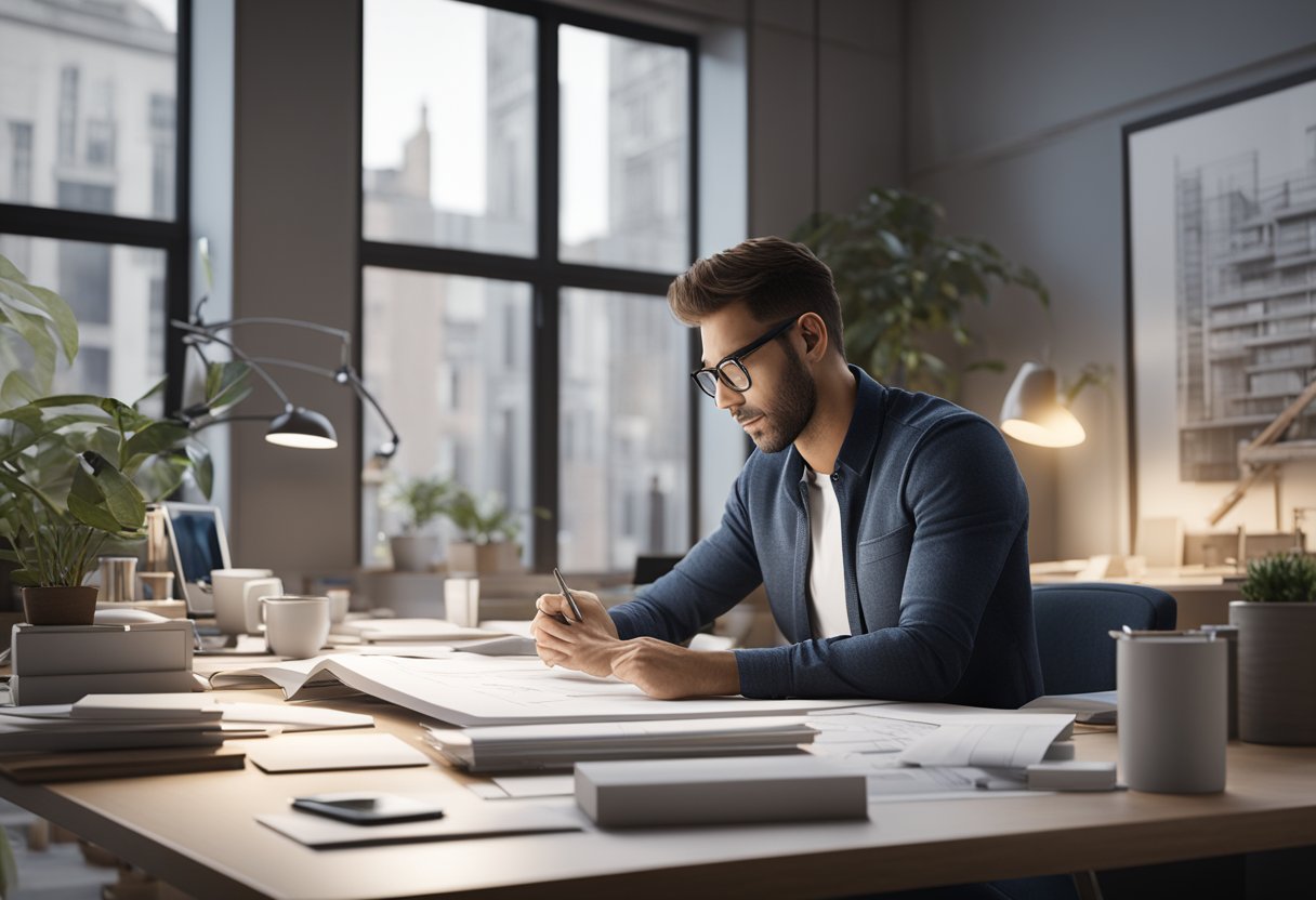 An architect working at a desk with blueprints, a computer, and a phone, surrounded by architectural models and drawings