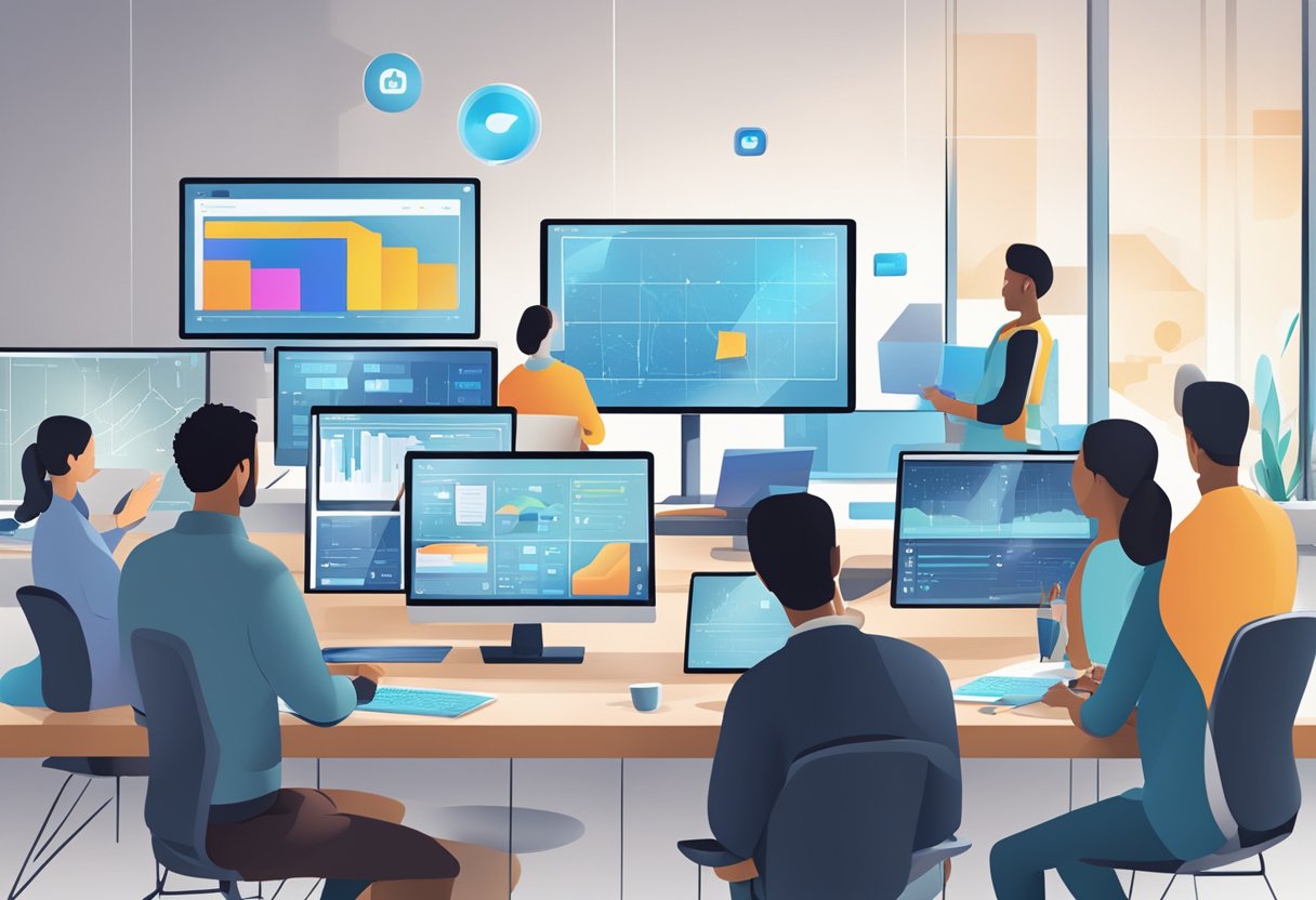 A group of digital devices and screens connected wirelessly, displaying various multimedia content and data, with virtual collaboration tools in use