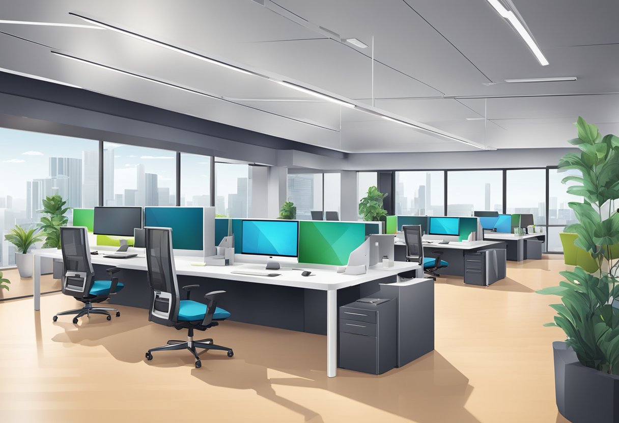 A modern office space with sleek, high-tech equipment and open work areas for collaboration