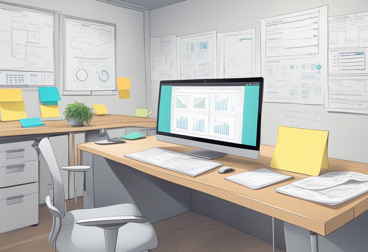 A desk with a computer, papers, and a model of a project. Post-it notes and a whiteboard with diagrams in the background