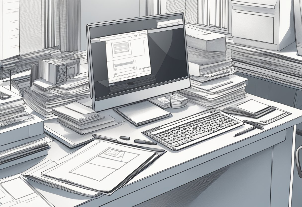 A desk with a computer and various documents spread out, showing a detailed model being created with precision and attention to detail