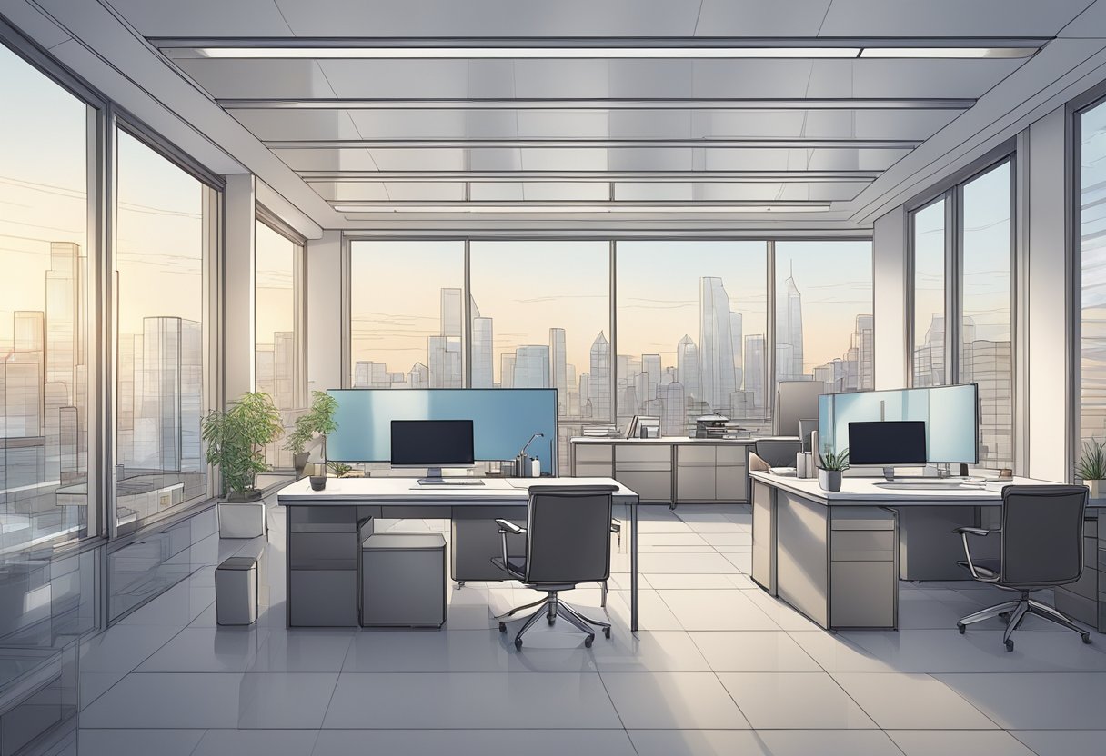 A modern architectural firm's office with sleek, minimalist workstations and large windows overlooking a city skyline. Blueprints and design sketches cover the desks