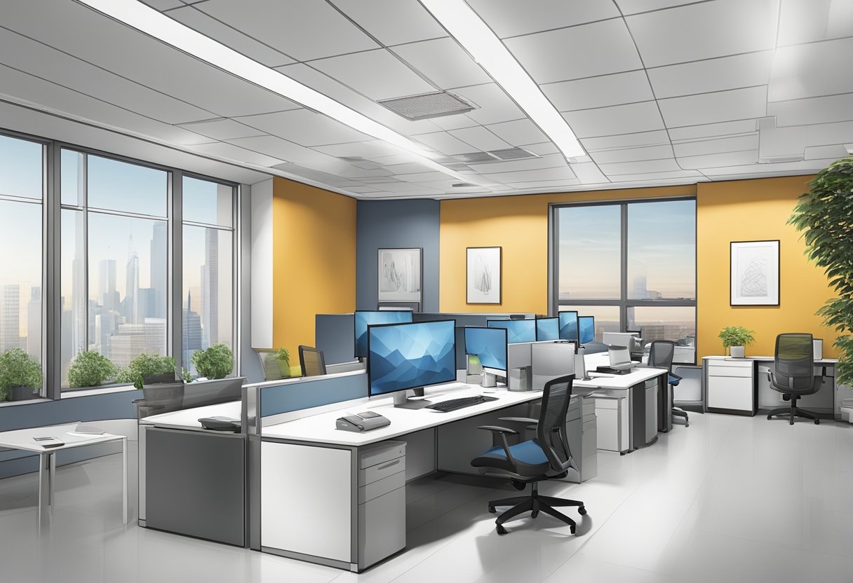 A modern office space with architectural blueprints and computer workstations, showcasing the long-standing partnership between Vanguard Freadman and their clients