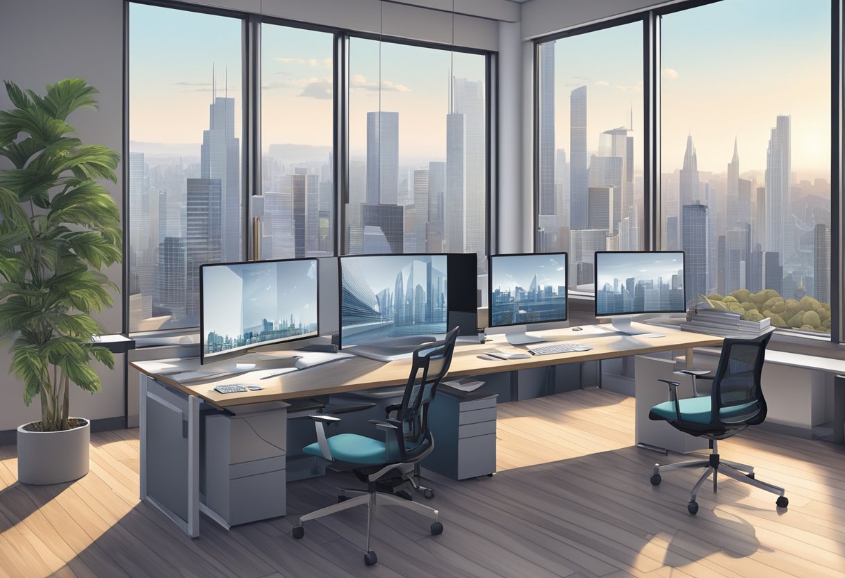 A modern architectural firm with computers, drafting tools, and architectural models on desks, with large windows overlooking a city skyline