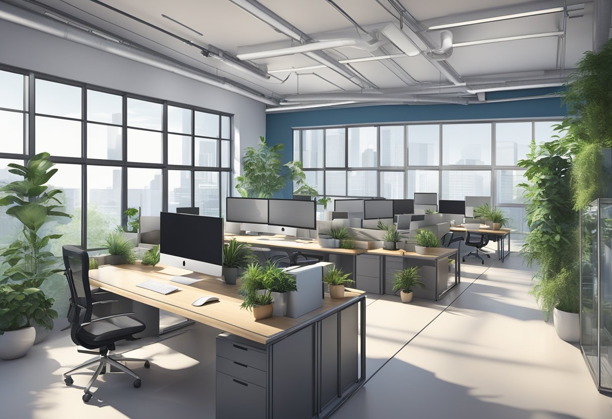 A modern architectural firm's office with sleek design, large windows, and greenery integrated into the workspace. Blueprints and computer screens show ongoing projects