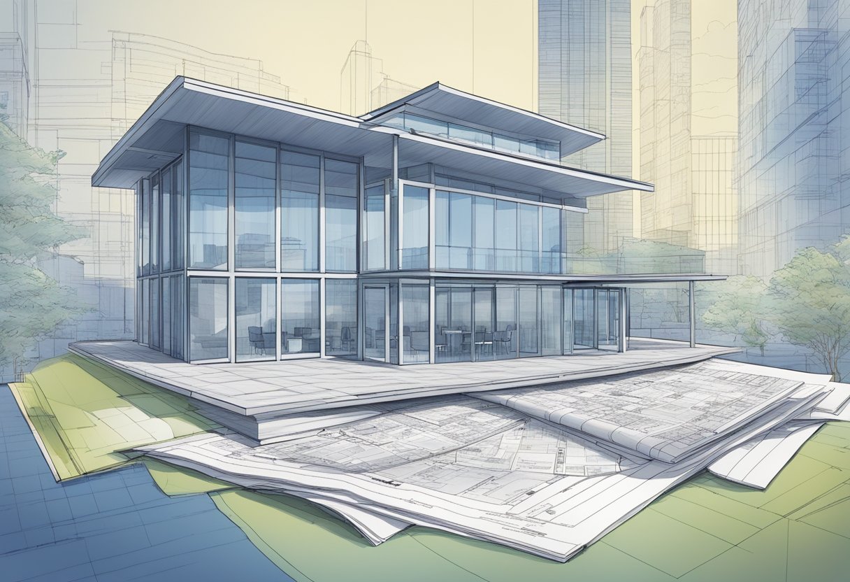 An architect's hand-drawn blueprint of a modern Australian building, surrounded by financial documents and a map of outsourcing locations