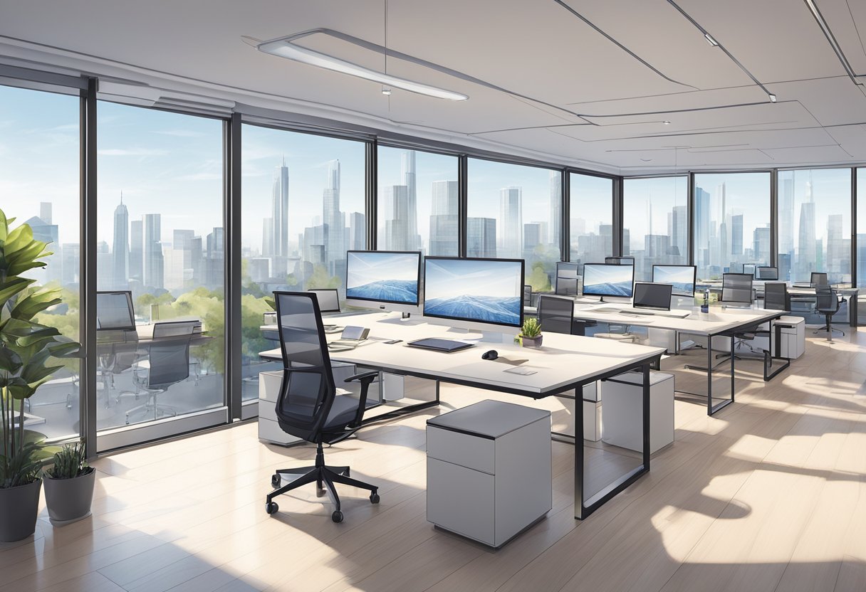 A modern architectural firm's office with sleek, minimalist decor and large windows overlooking a city skyline. Blueprints and design sketches cover the desks, while a team of professionals collaborate on various projects