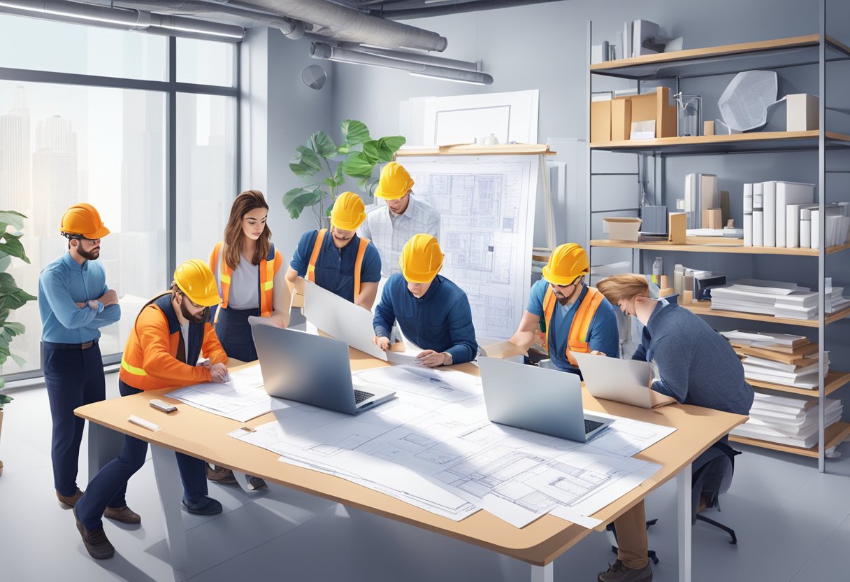 A team of professionals collaborate on creating BIM content, surrounded by architectural drawings, technical equipment, and construction materials