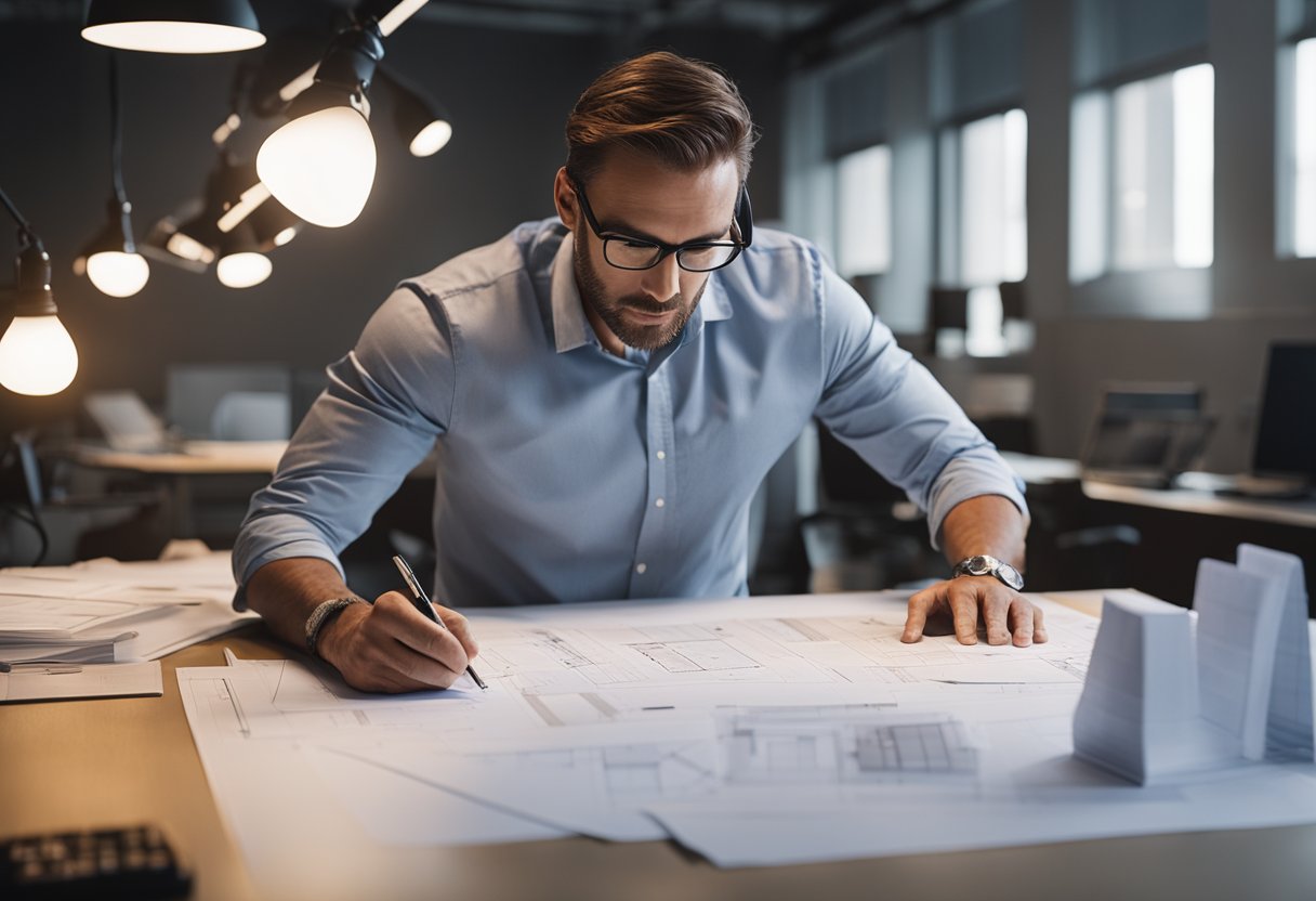 An architect at their drafting table, surrounded by blueprints, design tools, and a computer, focused on creating a new building design