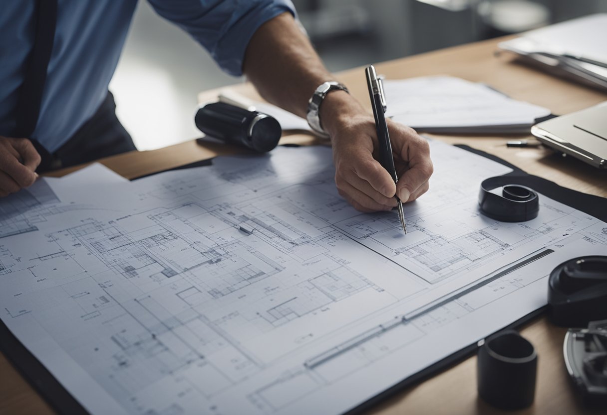 An architect carefully sketching out detailed blueprints for a modern building design, surrounded by drafting tools and technical equipment