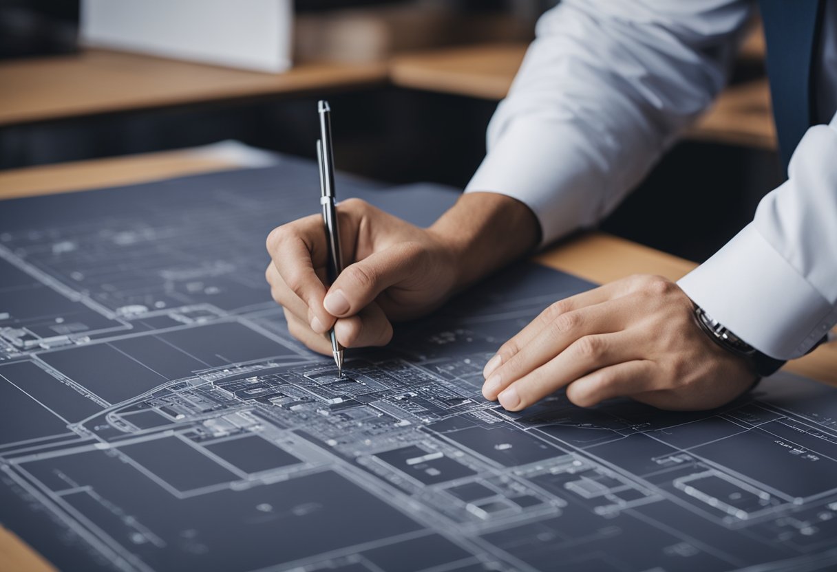 An architect sketching a detailed blueprint of a modern building design