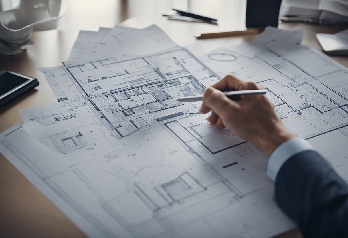 An architect sketching a detailed blueprint for a modern building design