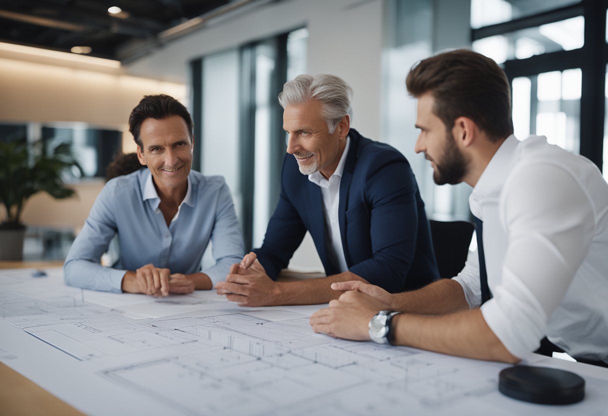 An architect and a client discussing plans and blueprints at a conference table, surrounded by architectural drawings and models