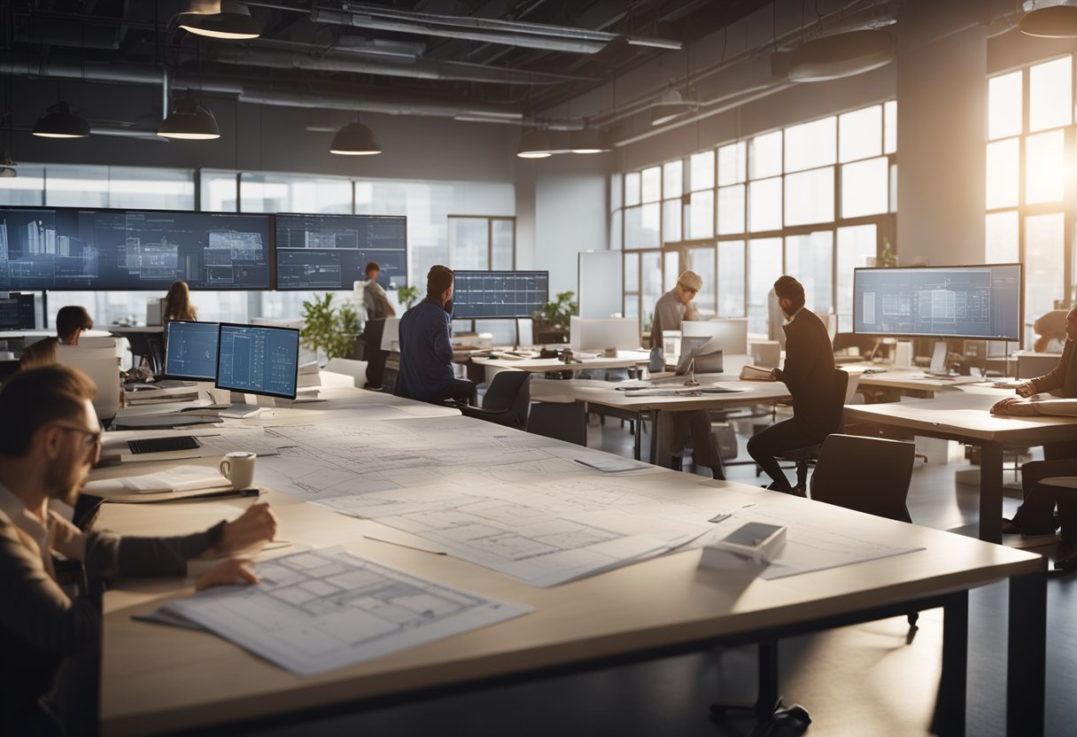 A bustling studio with architects brainstorming and sketching various building designs. Blueprints and models cover the tables, while computers display 3D renderings