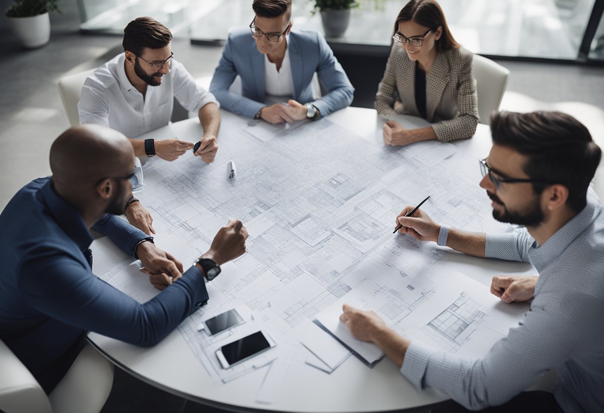 A team of architects and designers collaborating around a table, sketching and discussing various architectural options and ideas