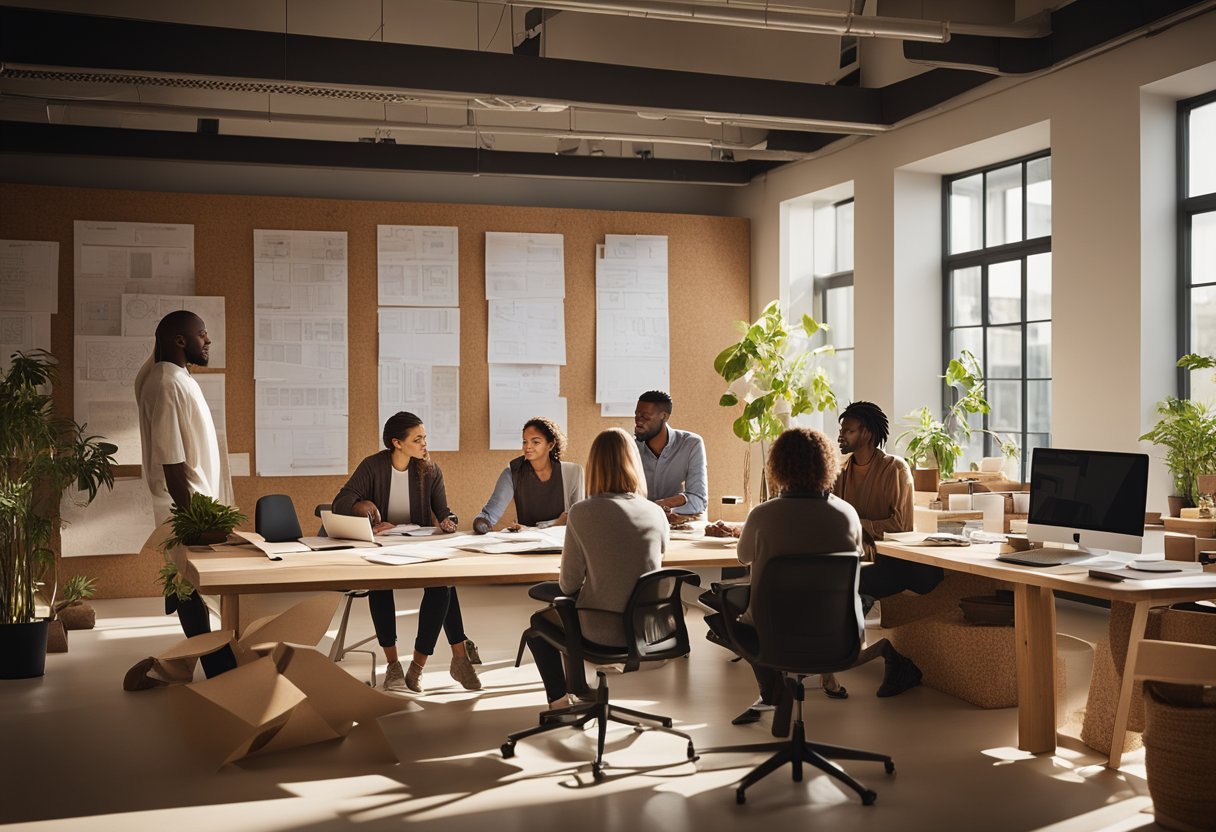 A diverse group of architects collaborate in a sunlit studio, surrounded by sustainable materials and blueprints. A large corkboard displays various design options and ethical practices