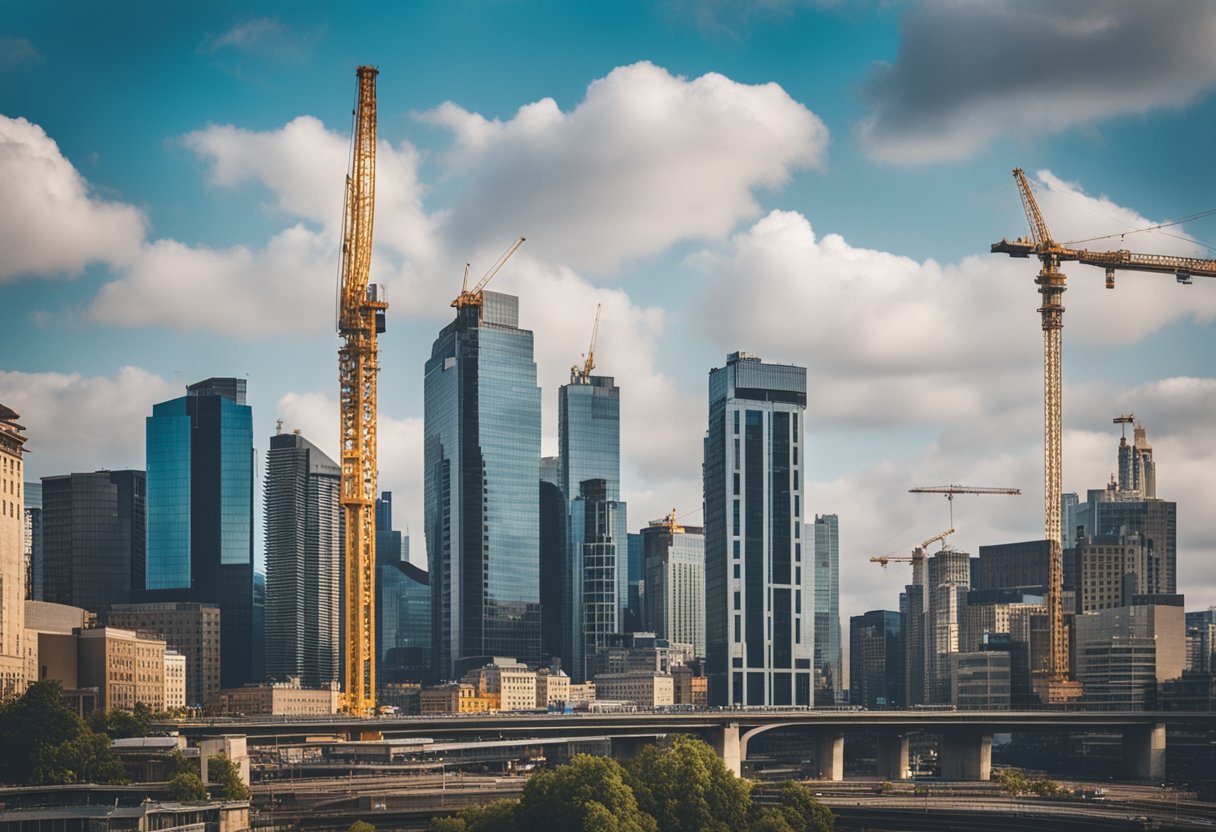 A city skyline with bustling traffic, construction cranes, and a mix of old and modern buildings, all surrounded by infrastructure like bridges and highways