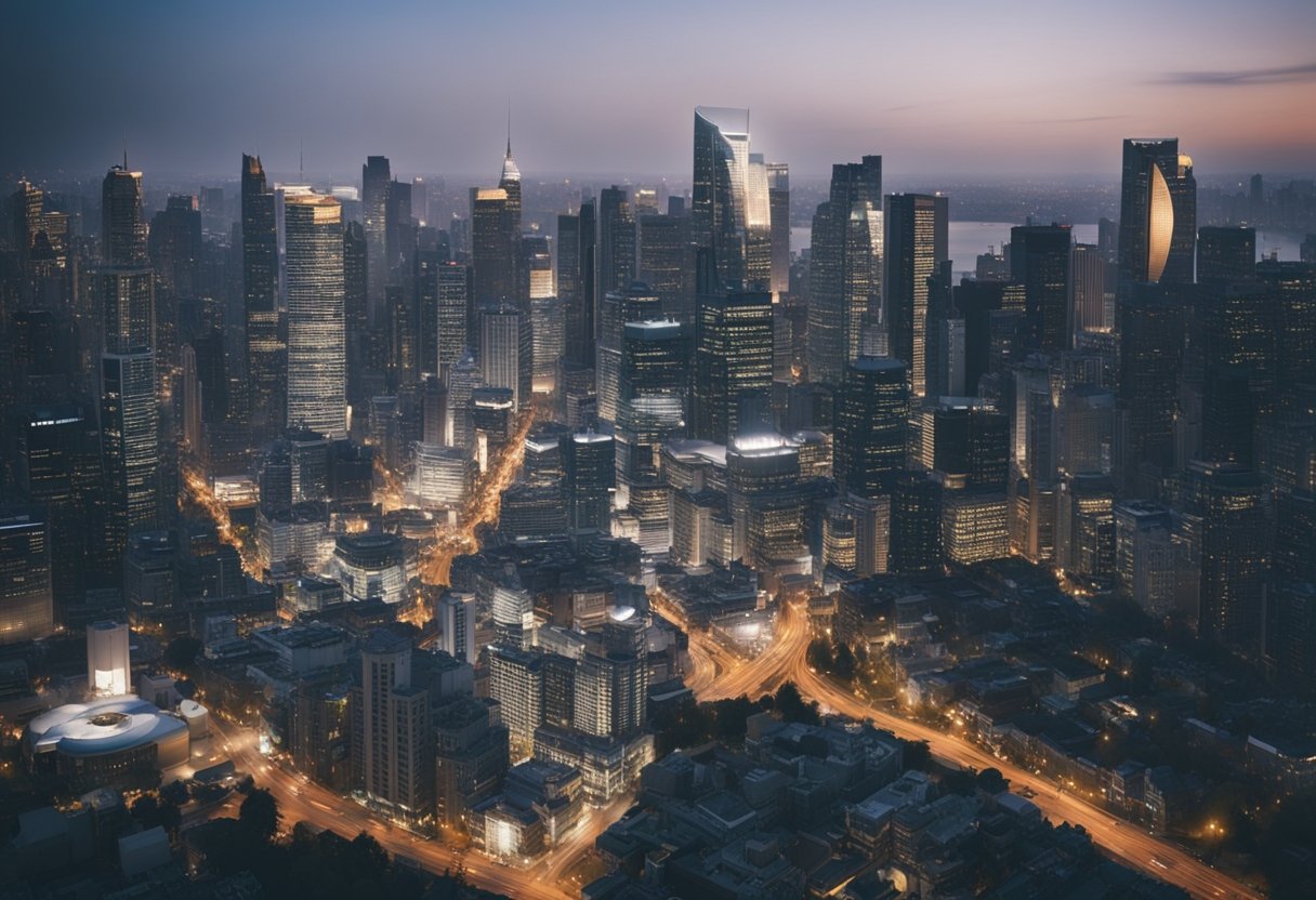 A city skyline with a mix of old and new buildings, surrounded by bustling streets and modern infrastructure