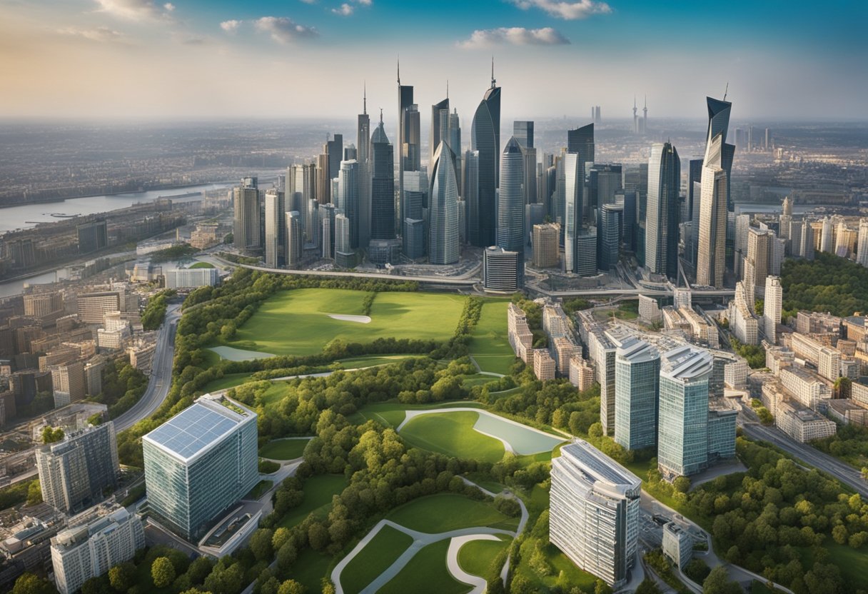 A city skyline with a mix of traditional and modern infrastructure, surrounded by green spaces and renewable energy sources