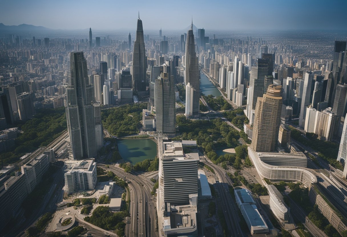 A city skyline with various buildings and infrastructure, showcasing the intersection of urban development and technological advancement