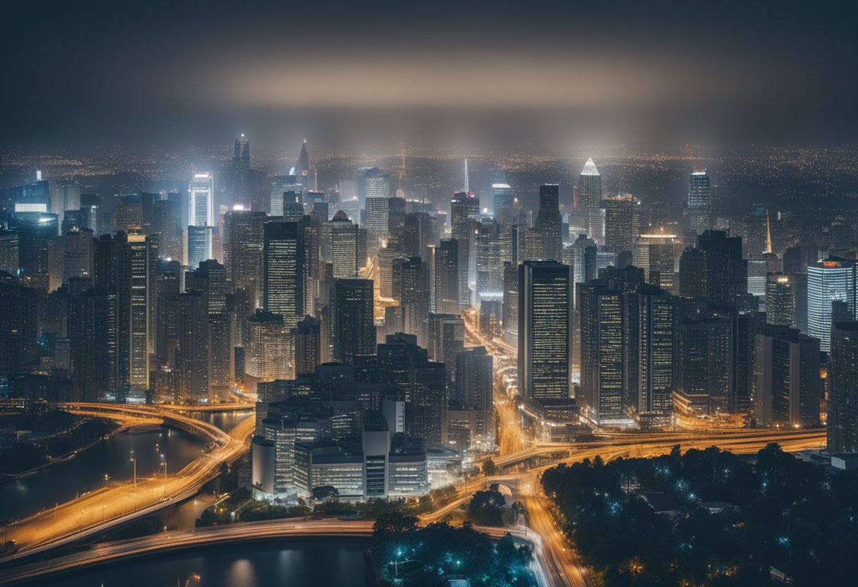 A city skyline with interconnected buildings and infrastructure at a pivotal moment