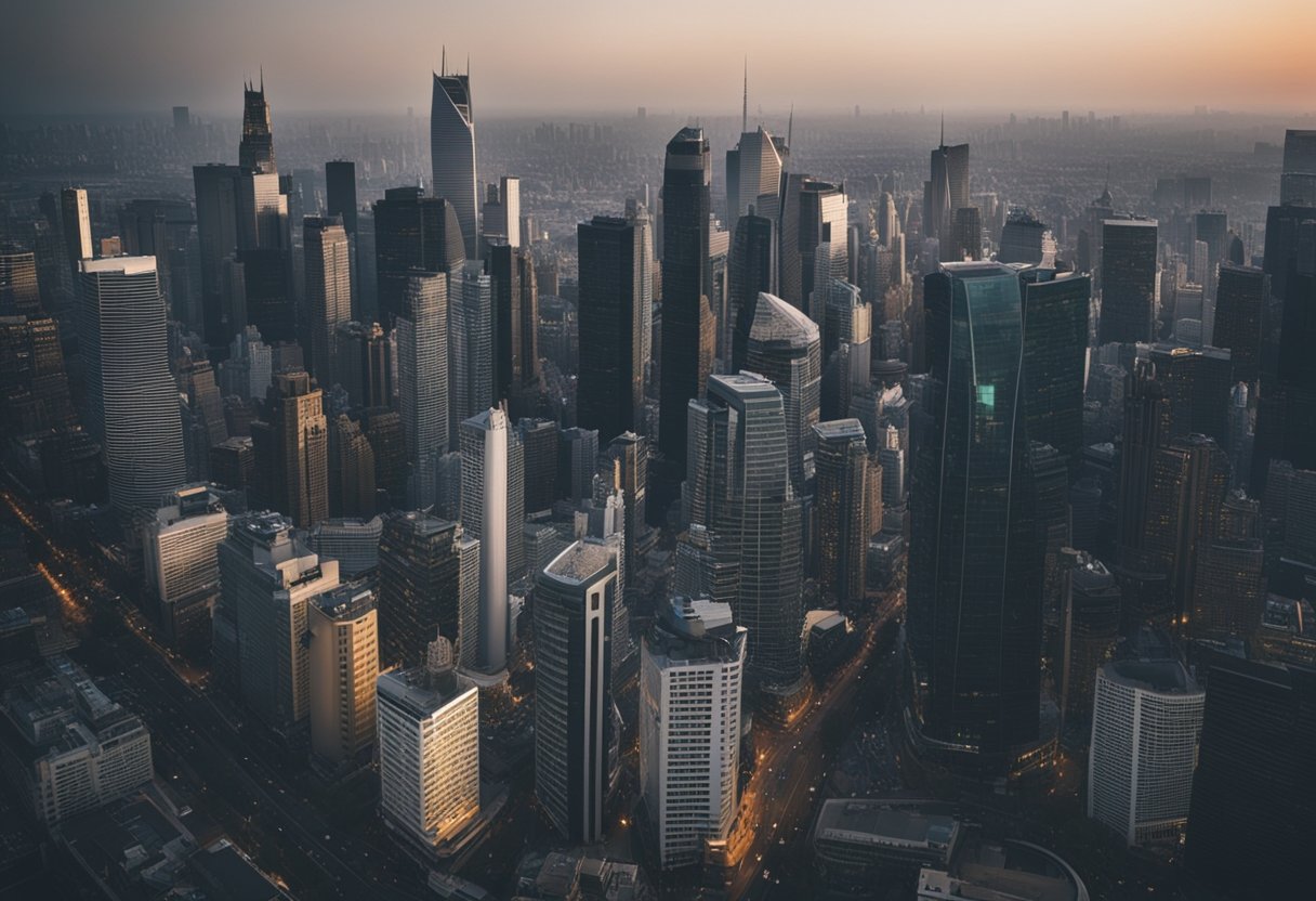 A city skyline with a mix of old and modern buildings, surrounded by bustling streets and infrastructure