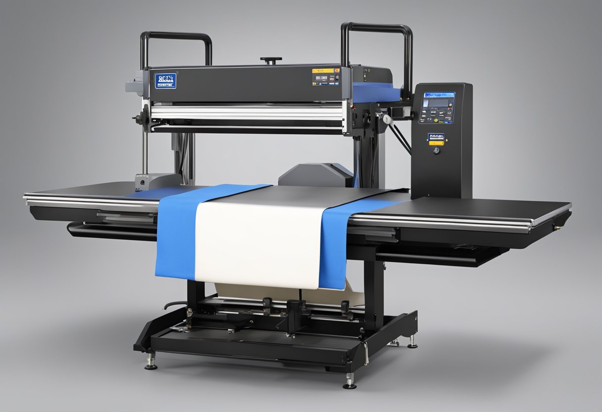 A Stahls Hotronix MAXX Professional Heat Press in operation with a garment being pressed between the upper and lower heating plates