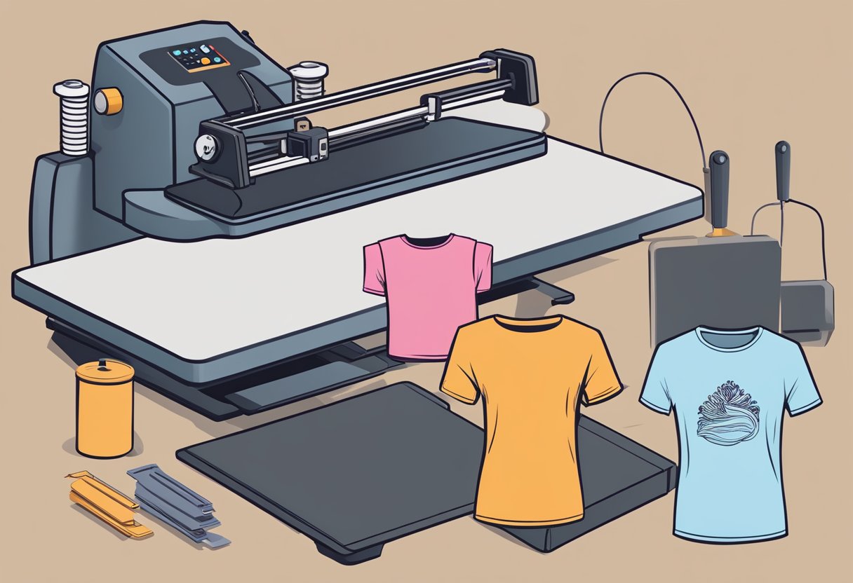 A professional heat press machine on a clean work surface with a stack of blank t-shirts and a variety of heat transfer vinyl designs nearby