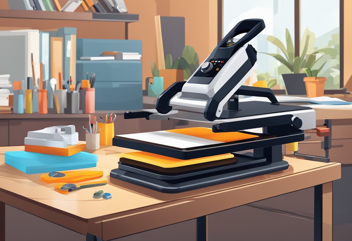 A modern, sleek heat press machine sits on a sturdy worktable in a well-lit, professional workspace. The machine is surrounded by various tools and materials used for heat pressing