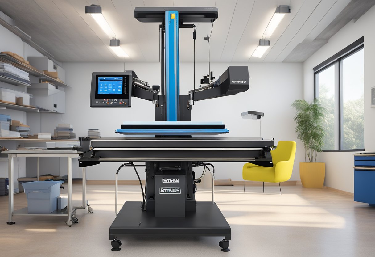 A Stahls Hotronix MAXX Professional Heat Press in a clean, well-lit workspace with various heat transfer materials and garments nearby