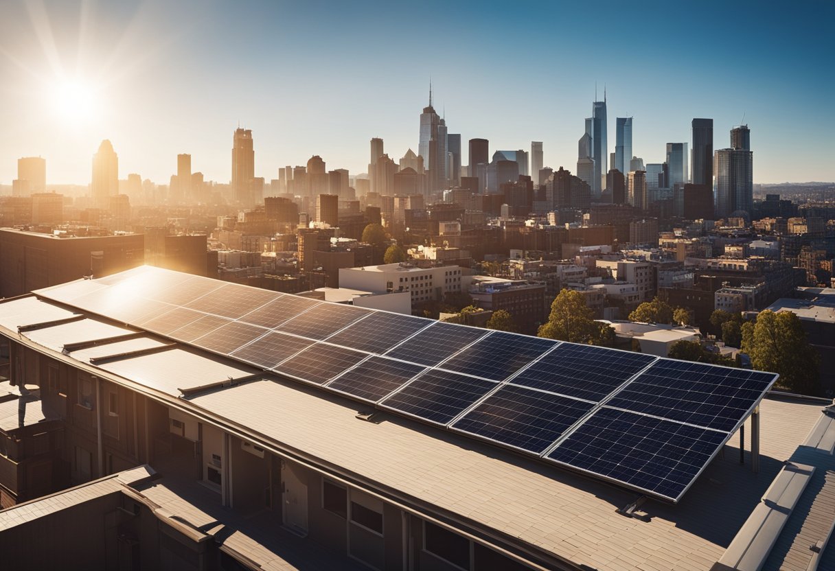 Um horizonte urbano ensolarado com painéis solares nos telhados, projetando longas sombras no final da tarde. Um relógio mostrando a mudança de horário para o horário de verão.