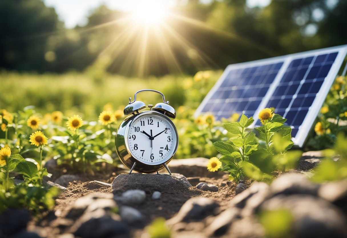 Uma cena ensolarada de verão com um relógio adiantado, painéis solares absorvendo a luz do sol e eletrodomésticos eficientes em energia em uso.