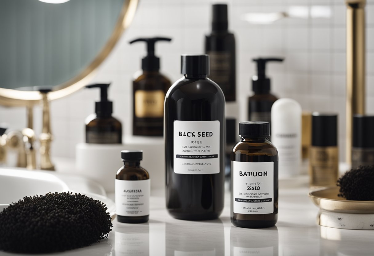 A bottle of black seed oil sits on a bathroom counter, surrounded by hair care products. A caution label is visible on the bottle