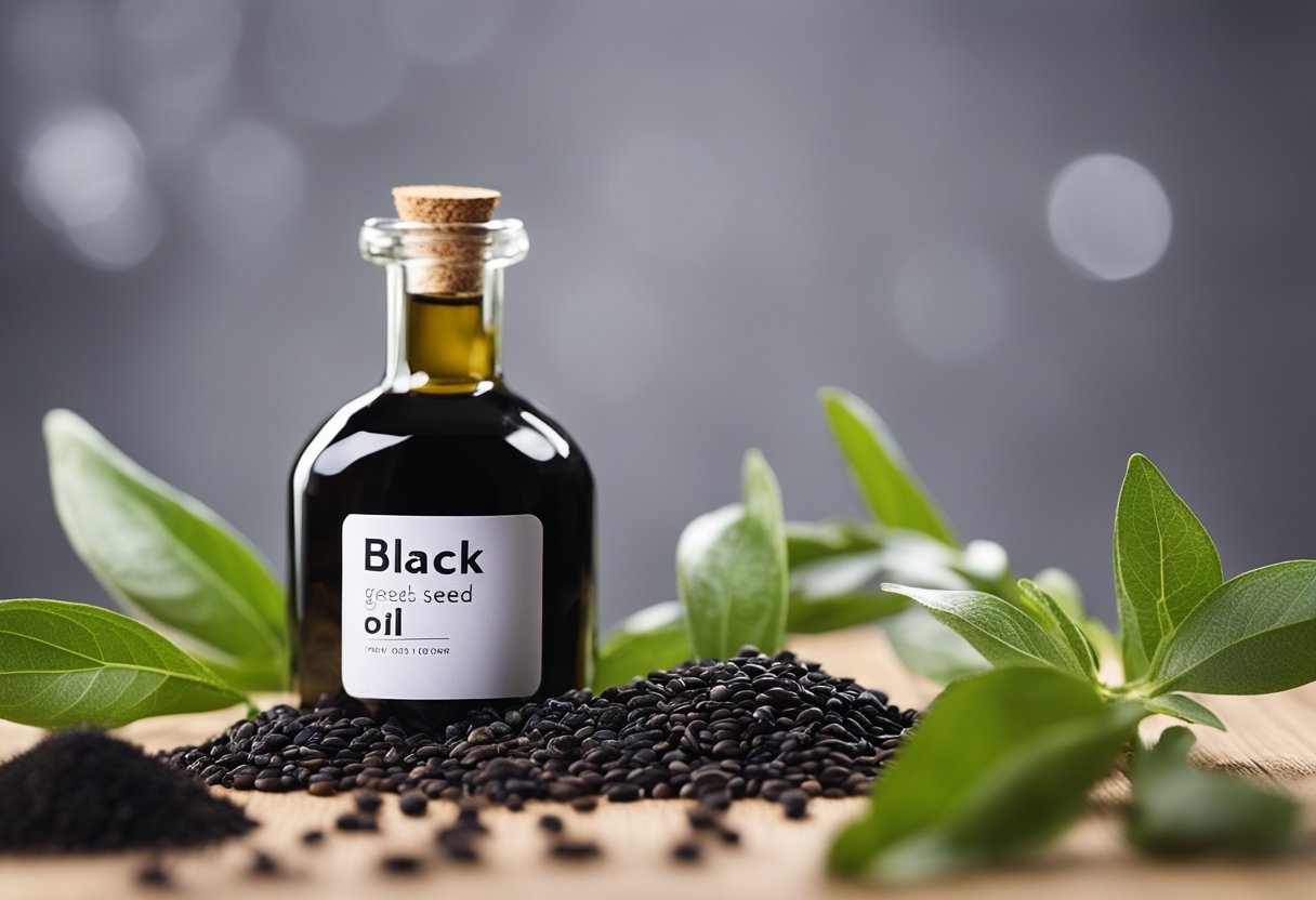 A hand pouring high-quality black seed oil into a glass bottle with a label "Black Seed Oil for Hair," surrounded by fresh black seeds and a blooming black seed plant