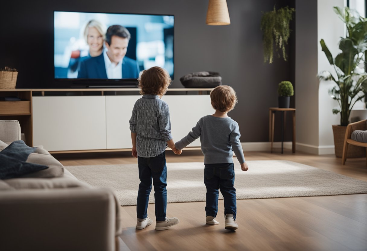 Tėvas švelniai veda vaiką nuo televizoriaus, užsiimdami kita veikla, pavyzdžiui, skaitymu ar žaidimais lauke.