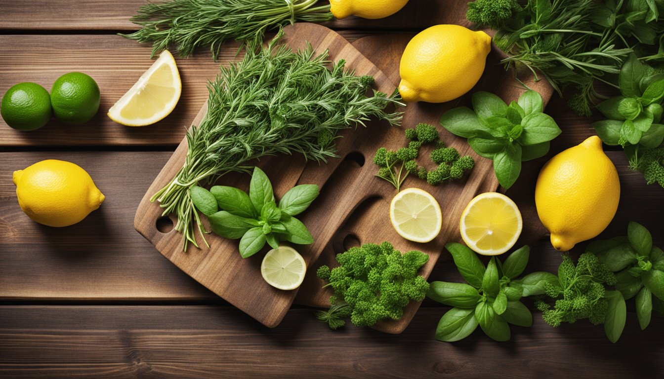 Fresh herbs and lemon on wooden table for jelly making