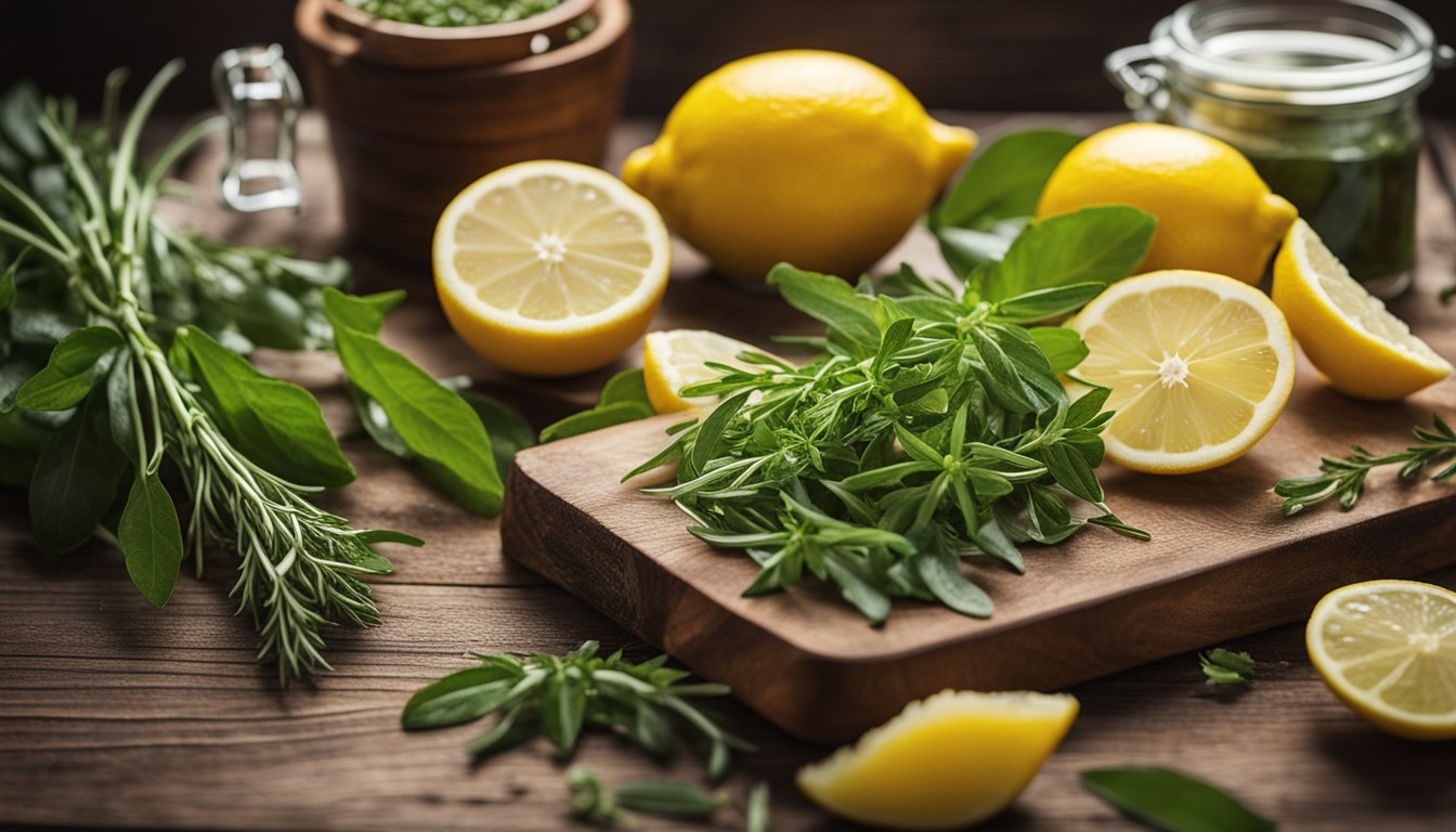 Fresh herbs, sugar, and lemon on a wooden table for jelly-making