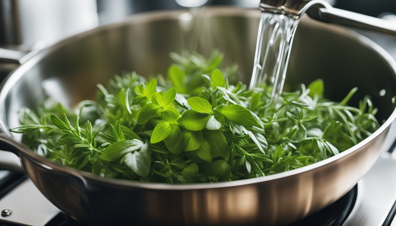 Fresh herbs steep in water, colors vibrant, in a close-up of a saucepan, capturing the infusion process