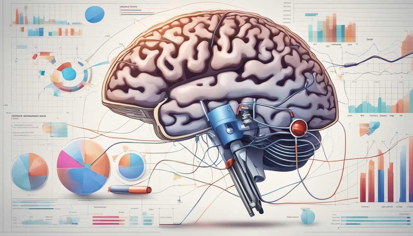 A brain with burst blood vessels, surrounded by medical equipment and charts