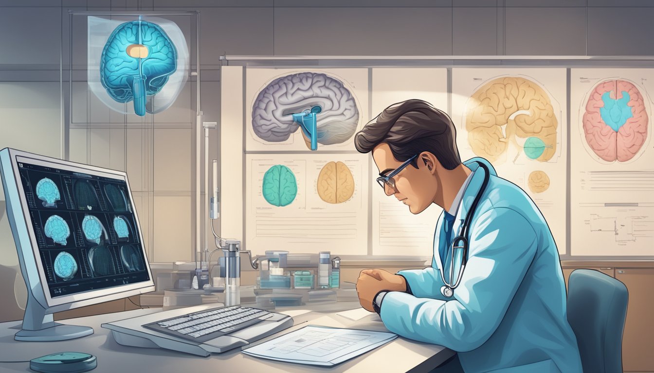 A doctor examining a brain scan, with medical equipment and charts in the background