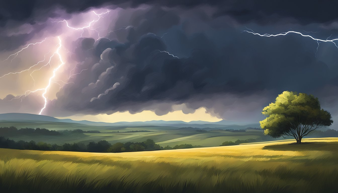 A stormy sky looming over a tranquil countryside, with a lone tree struck by lightning