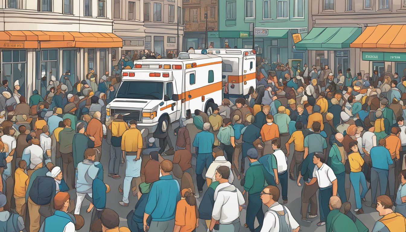 A crowded city street with ambulances and concerned onlookers as a person collapses from apoplexy