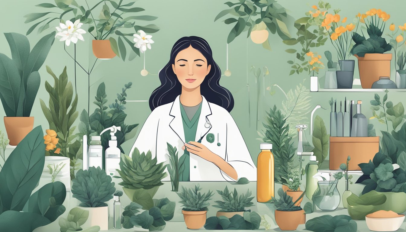 A serene woman surrounded by medical tools and plants, symbolizing preventative measures and treatment for women's health