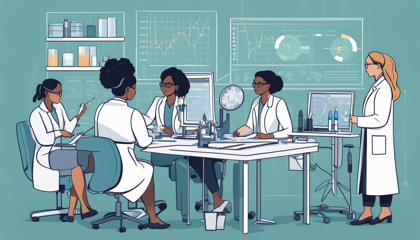 A group of diverse women participating in a research study, surrounded by medical equipment and charts, while scientists analyze data and discuss findings