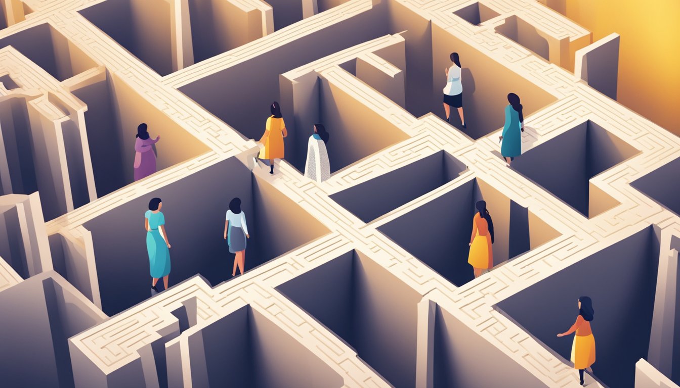 A group of women facing a maze of obstacles, with a bright light shining at the end, symbolizing emerging challenges and future outlook