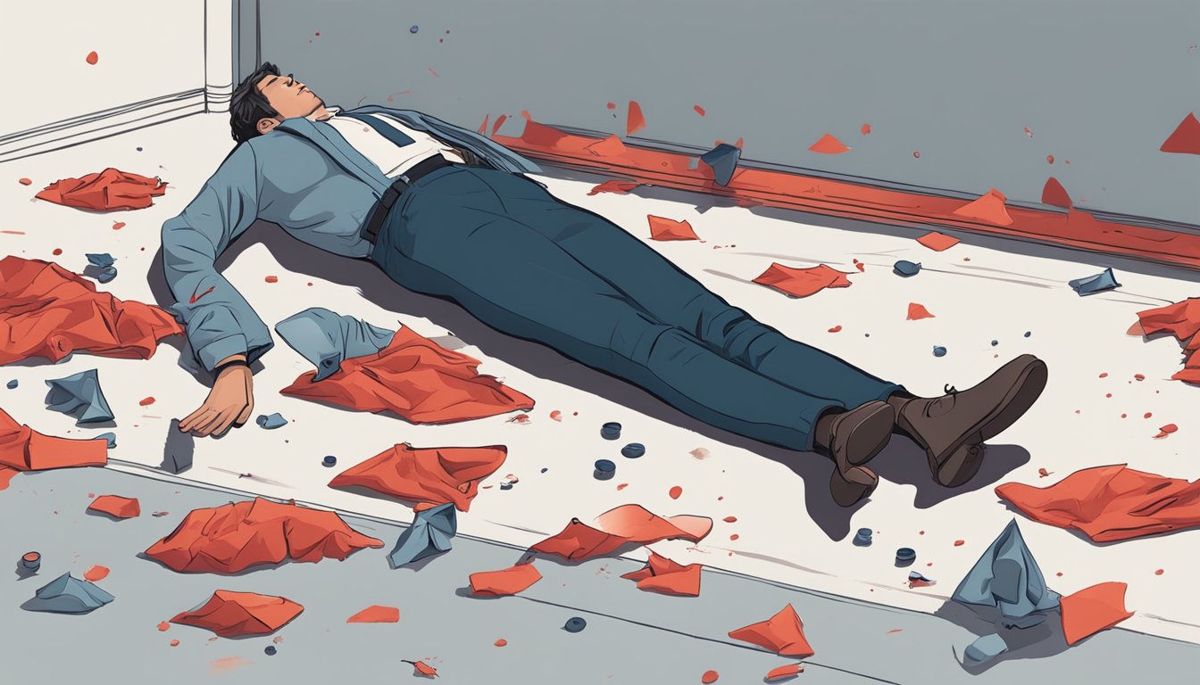 A body lying on the ground, surrounded by scattered objects and a faint trail of blood leading away from the scene