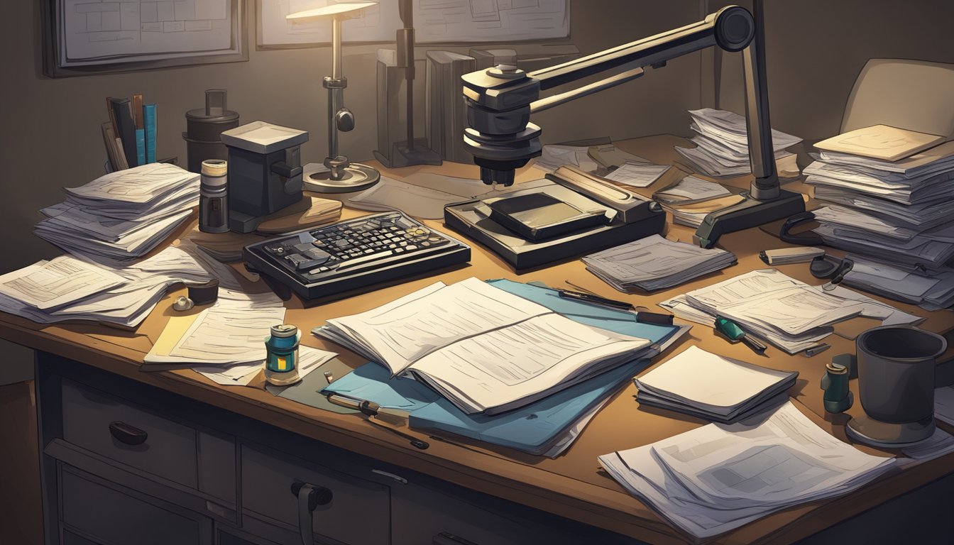 A cluttered desk with scattered documents and a forensic report, a scale, and a microscope. A dimly lit room with a serious atmosphere